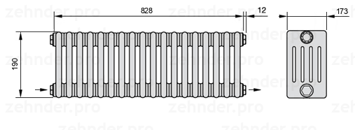 Схема (чертеж) Радиатор Zehnder Charleston 5019/18 №2670 Белый глянцевый RAL 9016